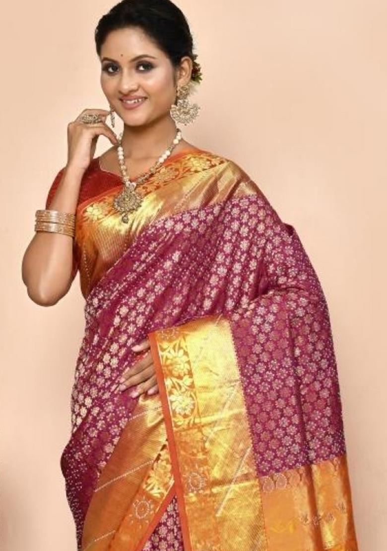 Purple Embroidered Pure Silk Saree Set