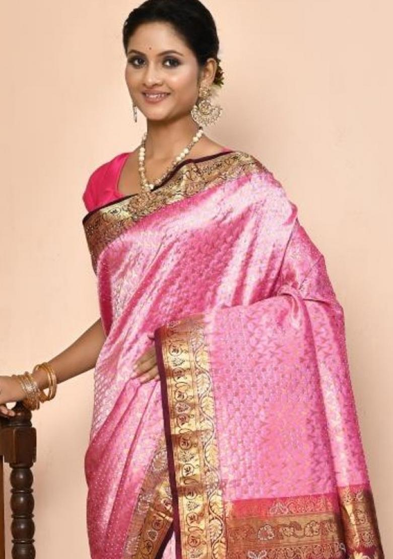 Light Pink Embroidered Pure Silk Saree Set
