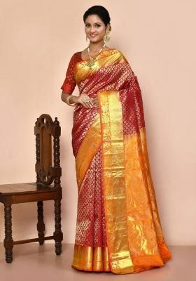 Red Embroidered Pure Silk Saree Set