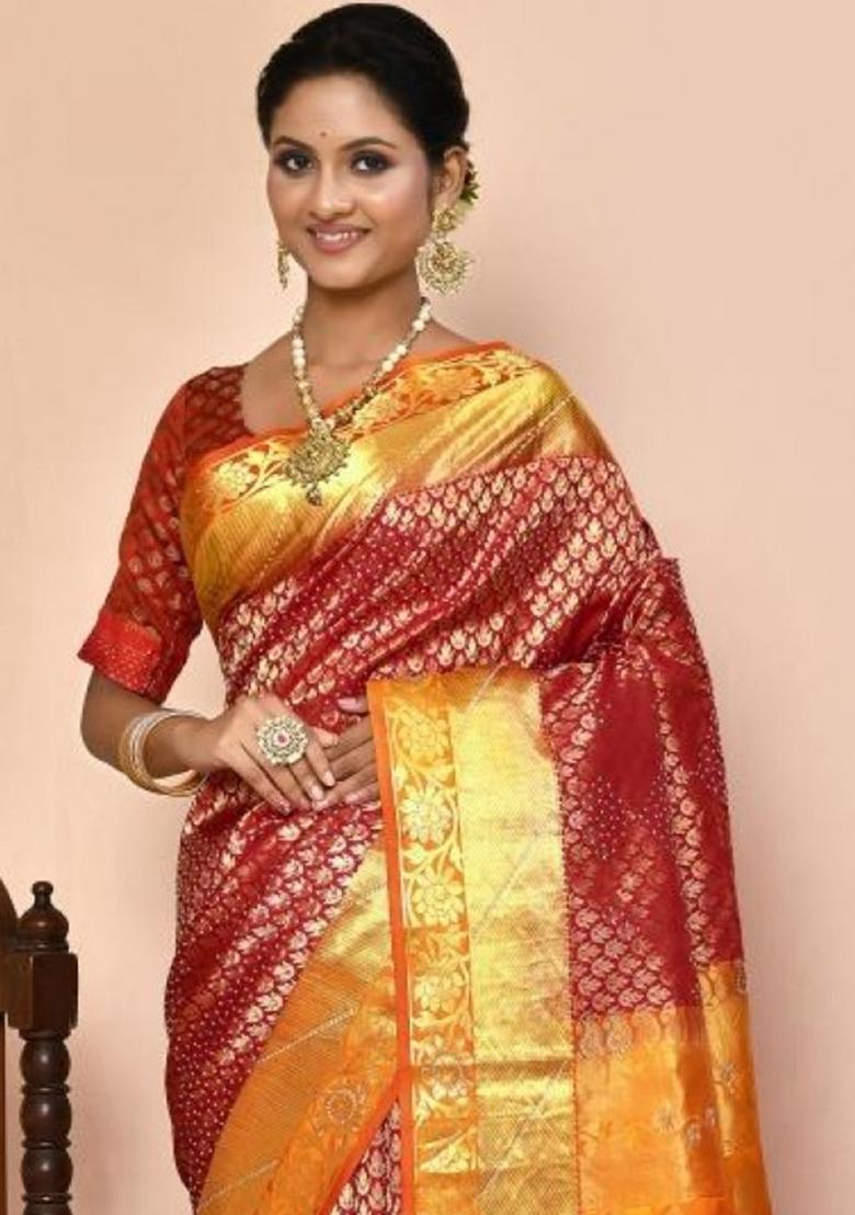 Red Embroidered Pure Silk Saree Set