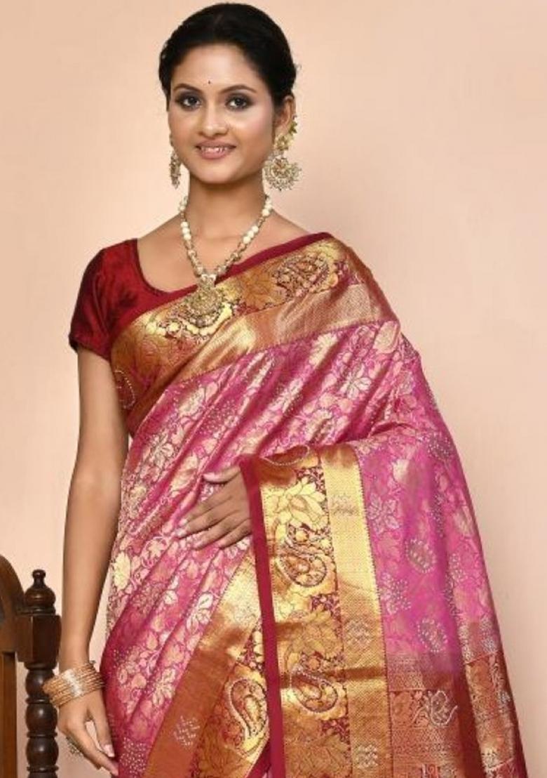 Light Pink Embroidered Pure Silk Saree Set