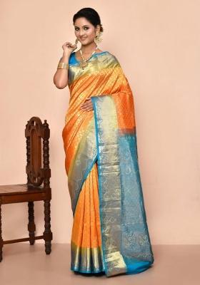 Orange Embroidered Pure Silk Saree Set