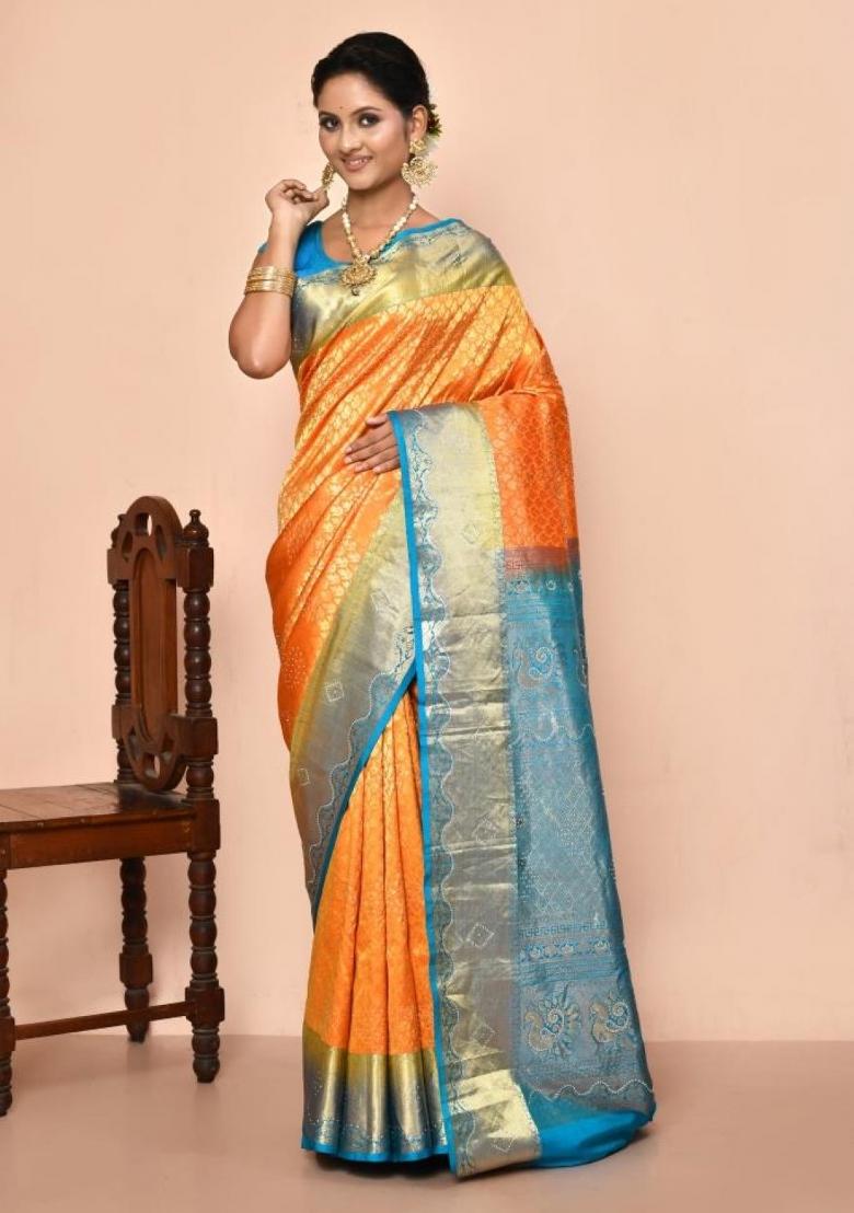 Orange Embroidered Pure Silk Saree Set