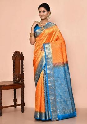Orange Embroidered Pure Silk Saree Set