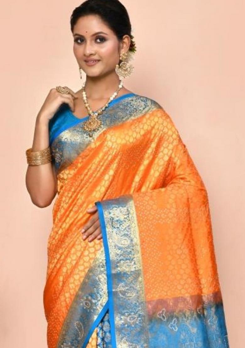 Orange Embroidered Pure Silk Saree Set