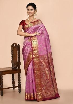 Light Purple Embroidered Pure Silk Saree Set