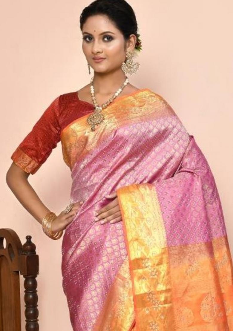 Light Pink Embroidered Pure Silk Saree Set