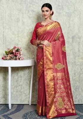 Pink Embroidered Pure Silk Saree Set