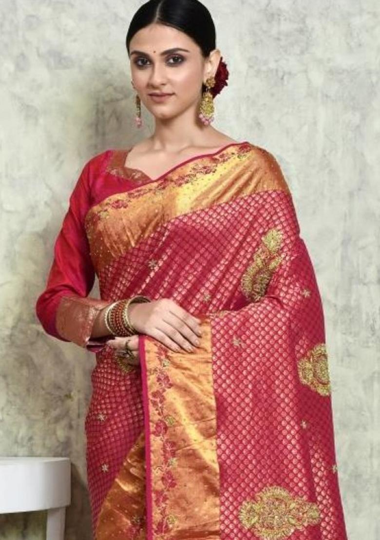Pink Embroidered Pure Silk Saree Set