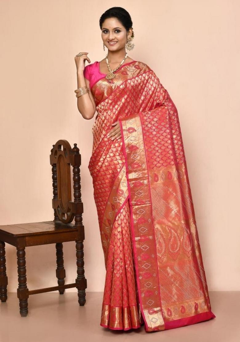 Pink Embroidered Pure Silk Saree Set