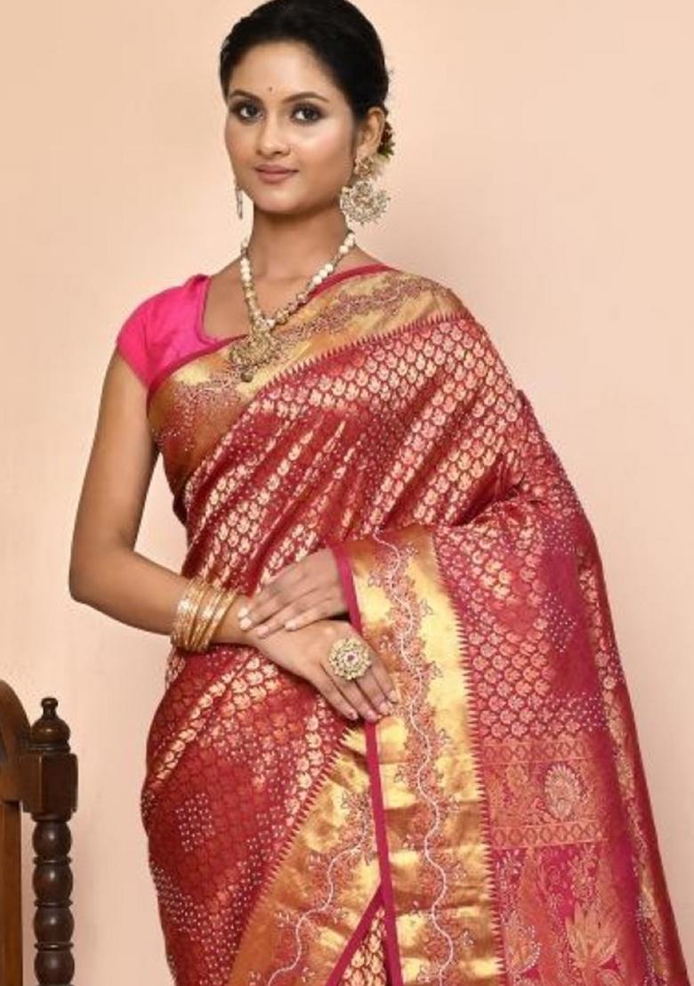 Pink Embroidered Pure Silk Saree Set