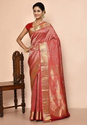 Pink Embroidered Pure Silk Saree Set