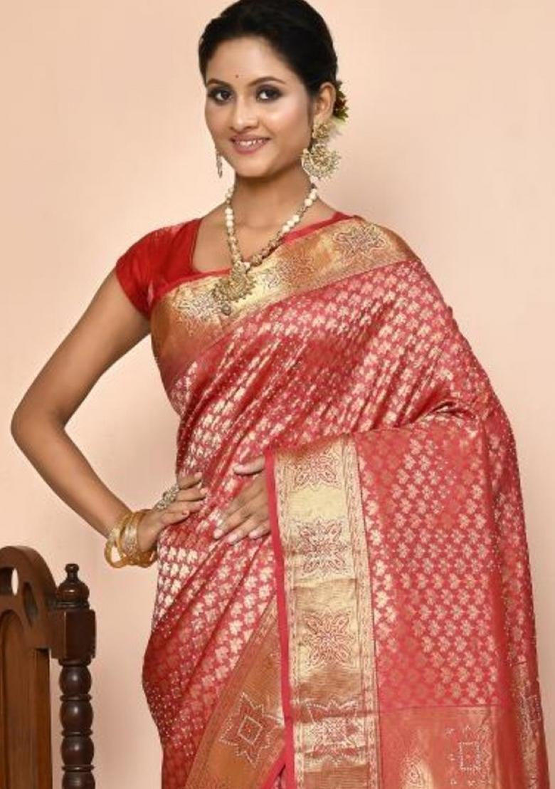 Pink Embroidered Pure Silk Saree Set