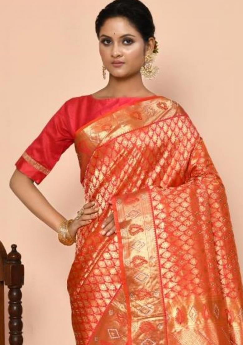 Orange Embroidered Pure Silk Saree Set