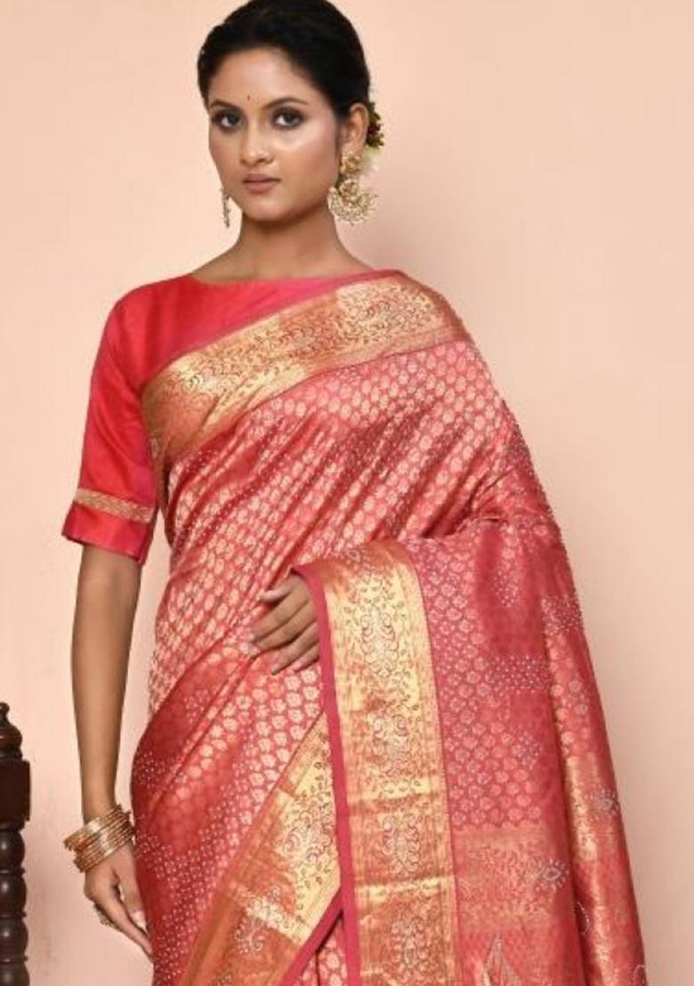 Light Pink Embroidered Pure Silk Saree Set