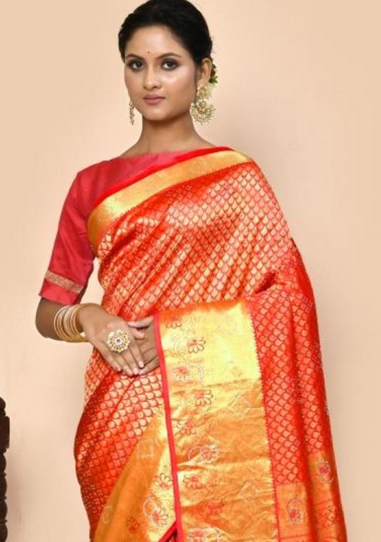 Orange Embroidered Pure Silk Saree Set
