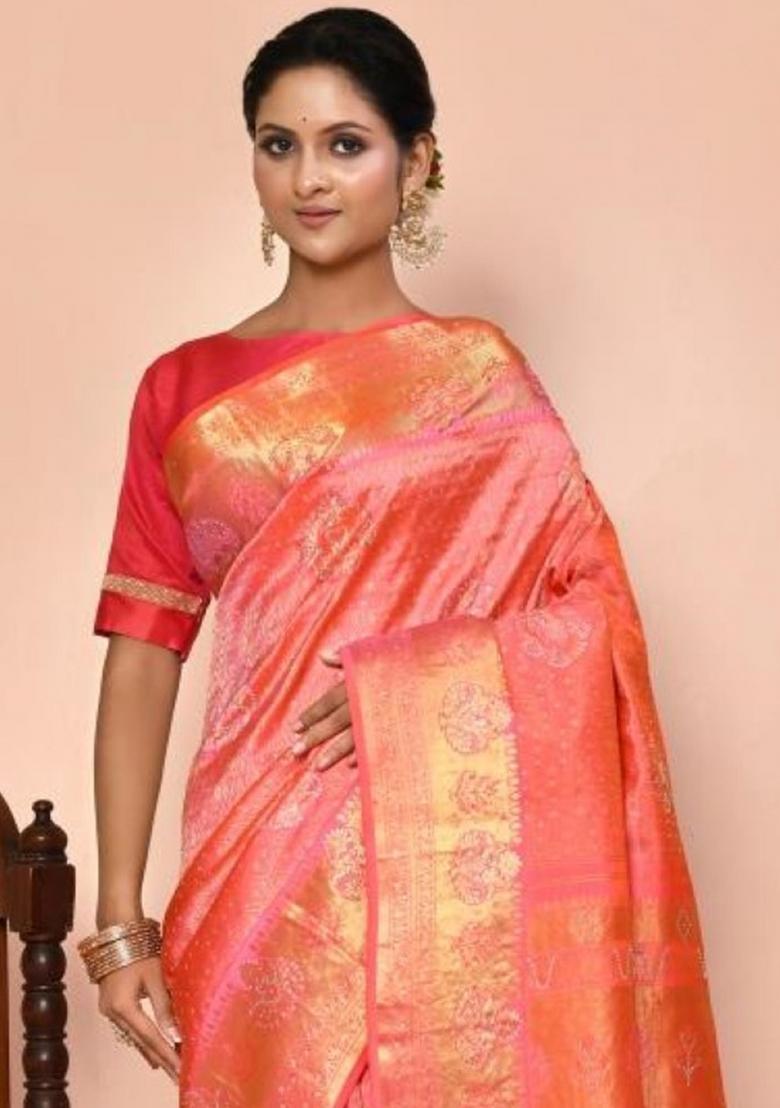 Light Pink Embroidered Pure Silk Saree Set