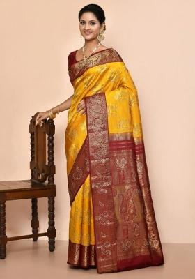 Yellow Embroidered Pure Silk Saree Set