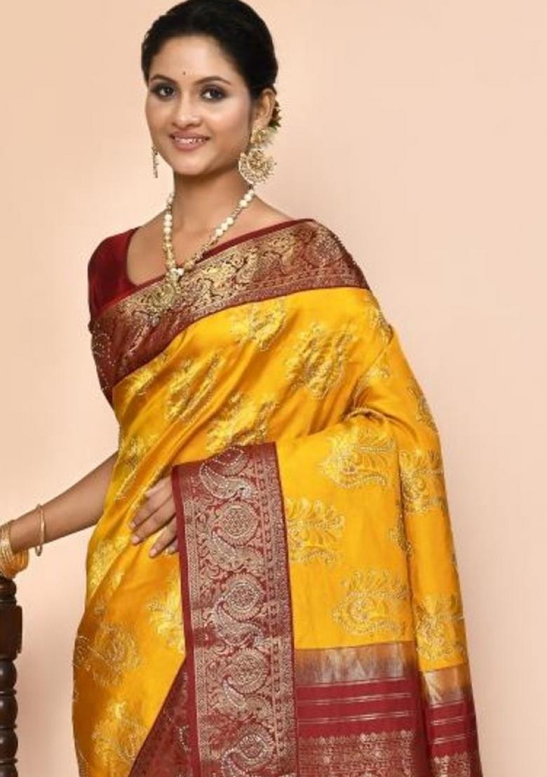 Yellow Embroidered Pure Silk Saree Set