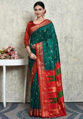 Dark Green Embroidered Pure Silk Saree Set
