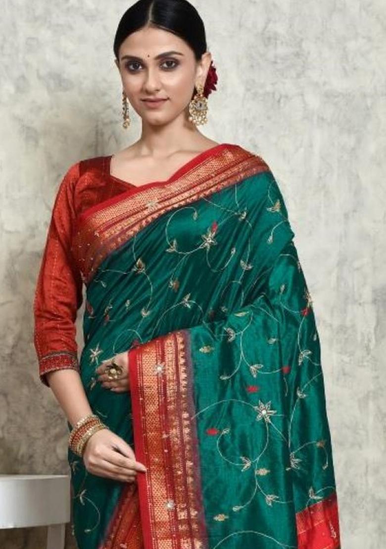 Dark Green Embroidered Pure Silk Saree Set