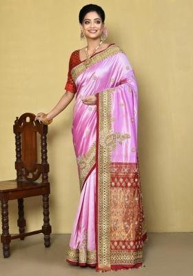 Light Purple Embroidered Pure Silk Saree Set
