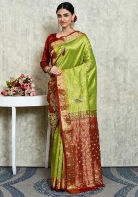 Green Embroidered Pure Silk Saree Set