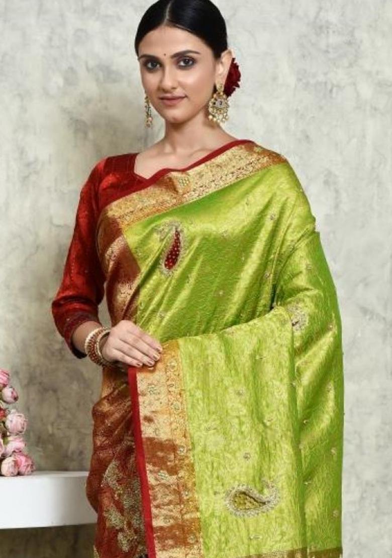 Green Embroidered Pure Silk Saree Set