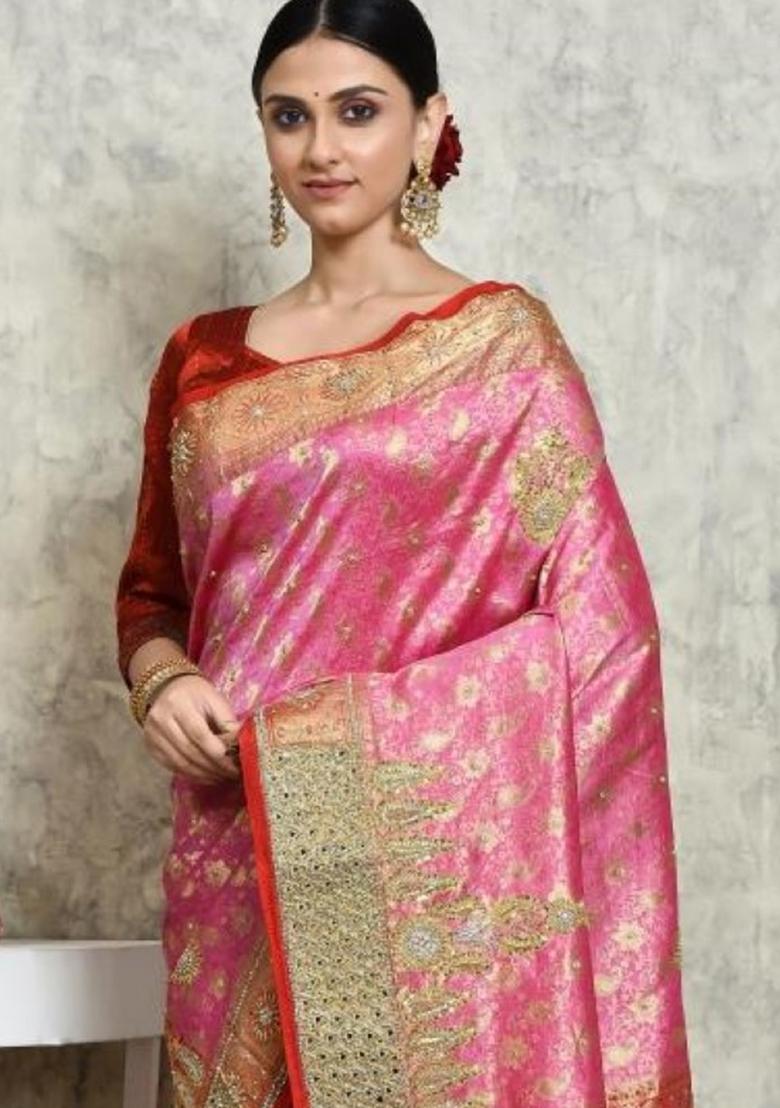 Light Pink Embroidered Pure Silk Saree Set