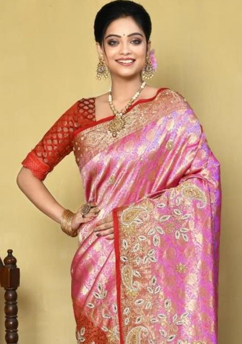 Light Pink Embroidered Pure Silk Saree Set