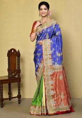 Royal Blue Embroidered Pure Silk Saree Set