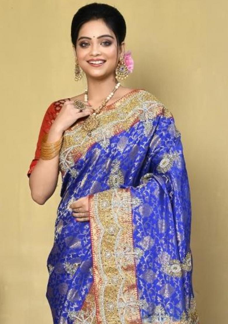 Royal Blue Embroidered Pure Silk Saree Set
