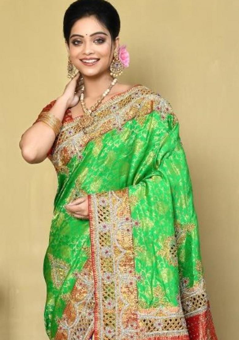 Green Embroidered Pure Silk Saree Set