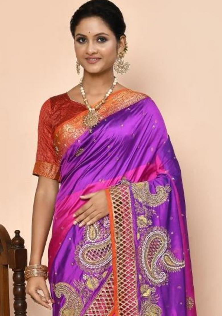 Purple Embroidered Pure Silk Saree Set
