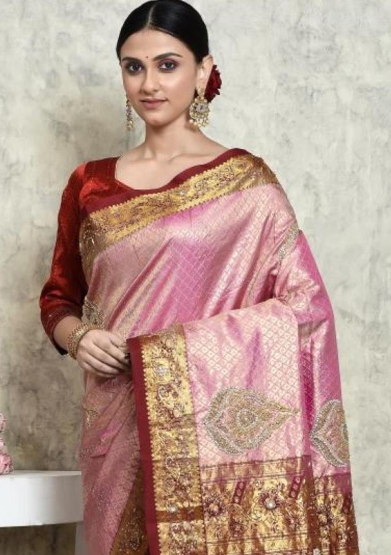 Light Pink Embroidered Pure Silk Saree Set