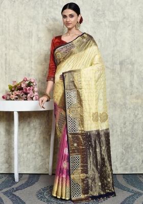 Cream Embroidered Pure Silk Saree Set