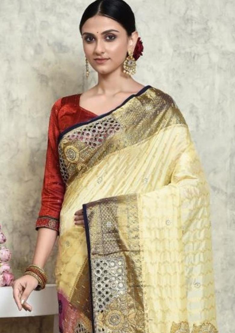 Cream Embroidered Pure Silk Saree Set