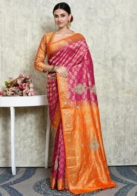 Pink Embroidered Pure Silk Saree Set