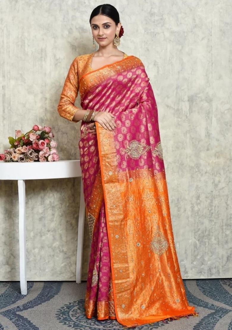 Pink Embroidered Pure Silk Saree Set