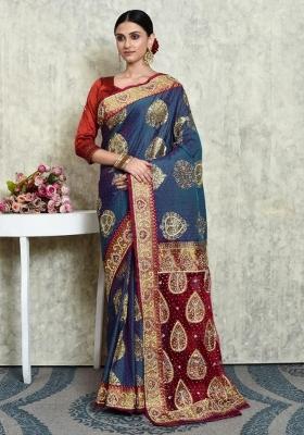 Grey Embroidered Pure Silk Saree Set