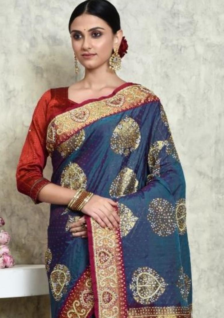 Grey Embroidered Pure Silk Saree Set