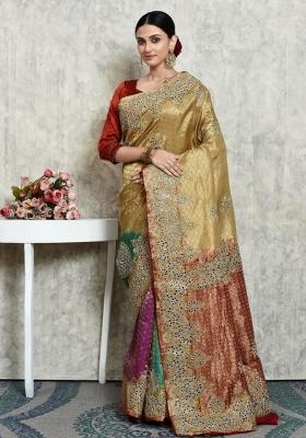 Light Yellow Embroidered Pure Silk Saree Set