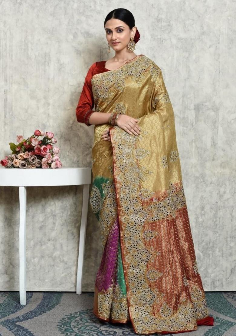 Light Yellow Embroidered Pure Silk Saree Set