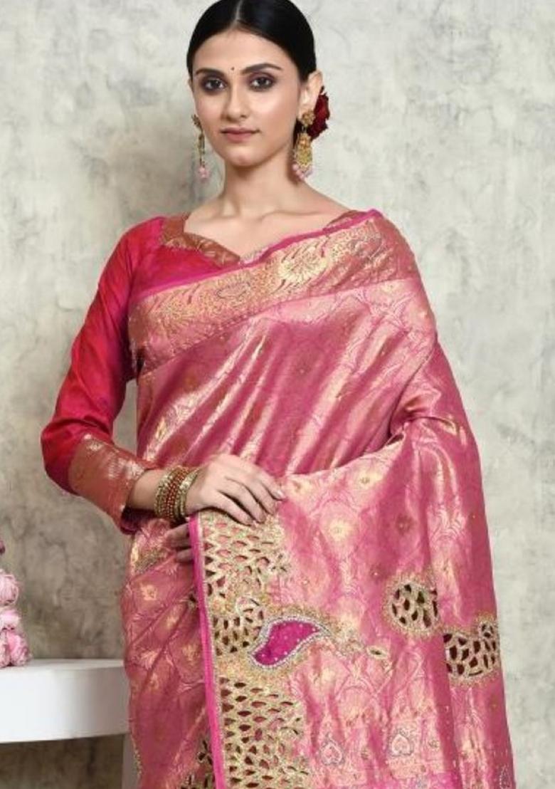 Light Pink Embroidered Pure Silk Saree Set