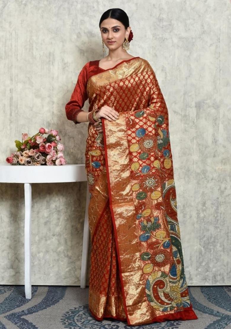 Red Embroidered Pure Silk Saree Set