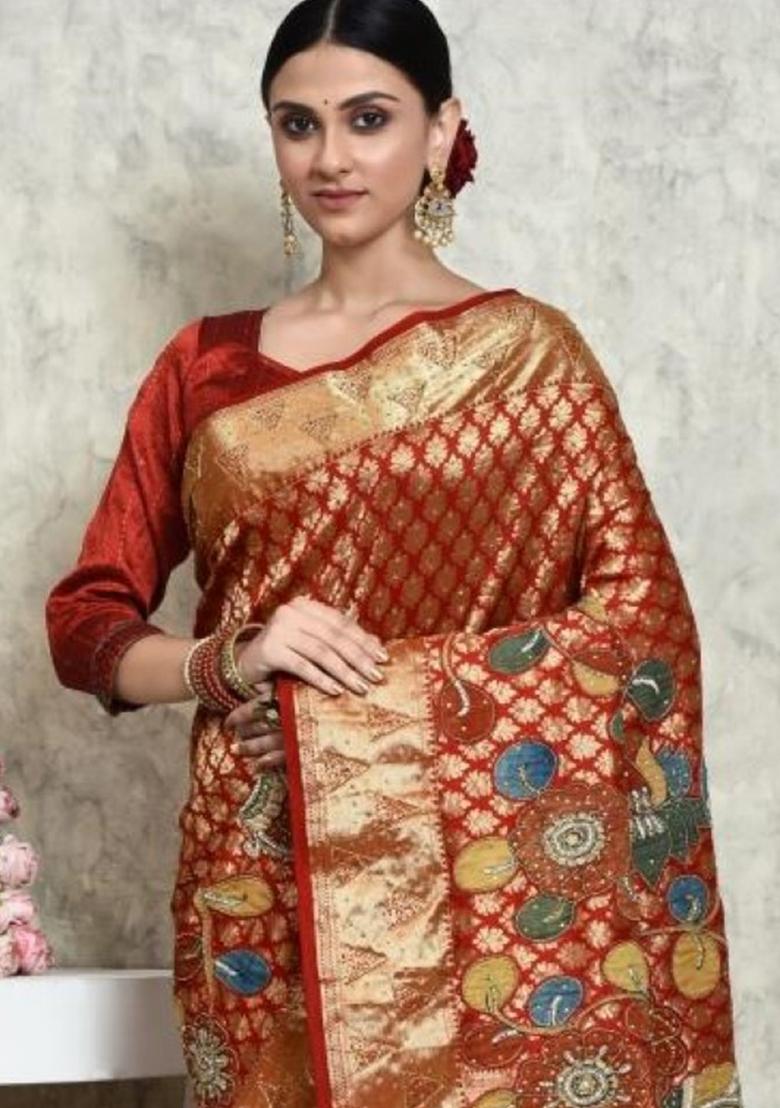 Red Embroidered Pure Silk Saree Set