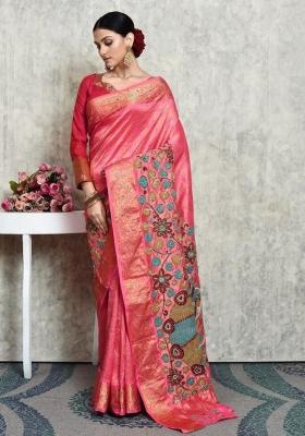 Pink Embroidered Pure Silk Saree Set