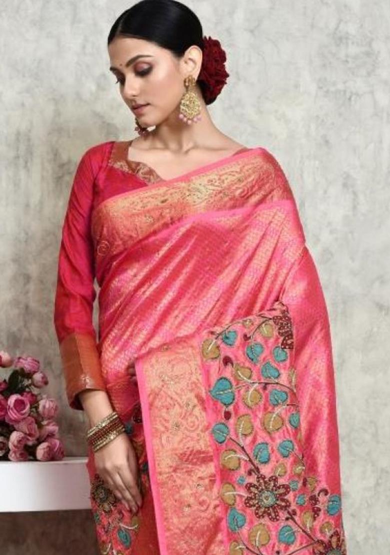 Pink Embroidered Pure Silk Saree Set