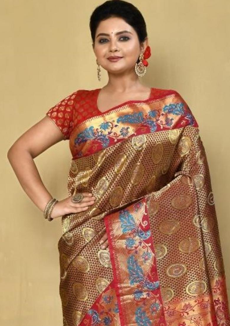 Red Embroidered Pure Silk Saree Set