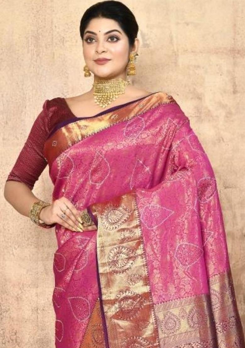 Pink Embroidered Pure Silk Saree Set